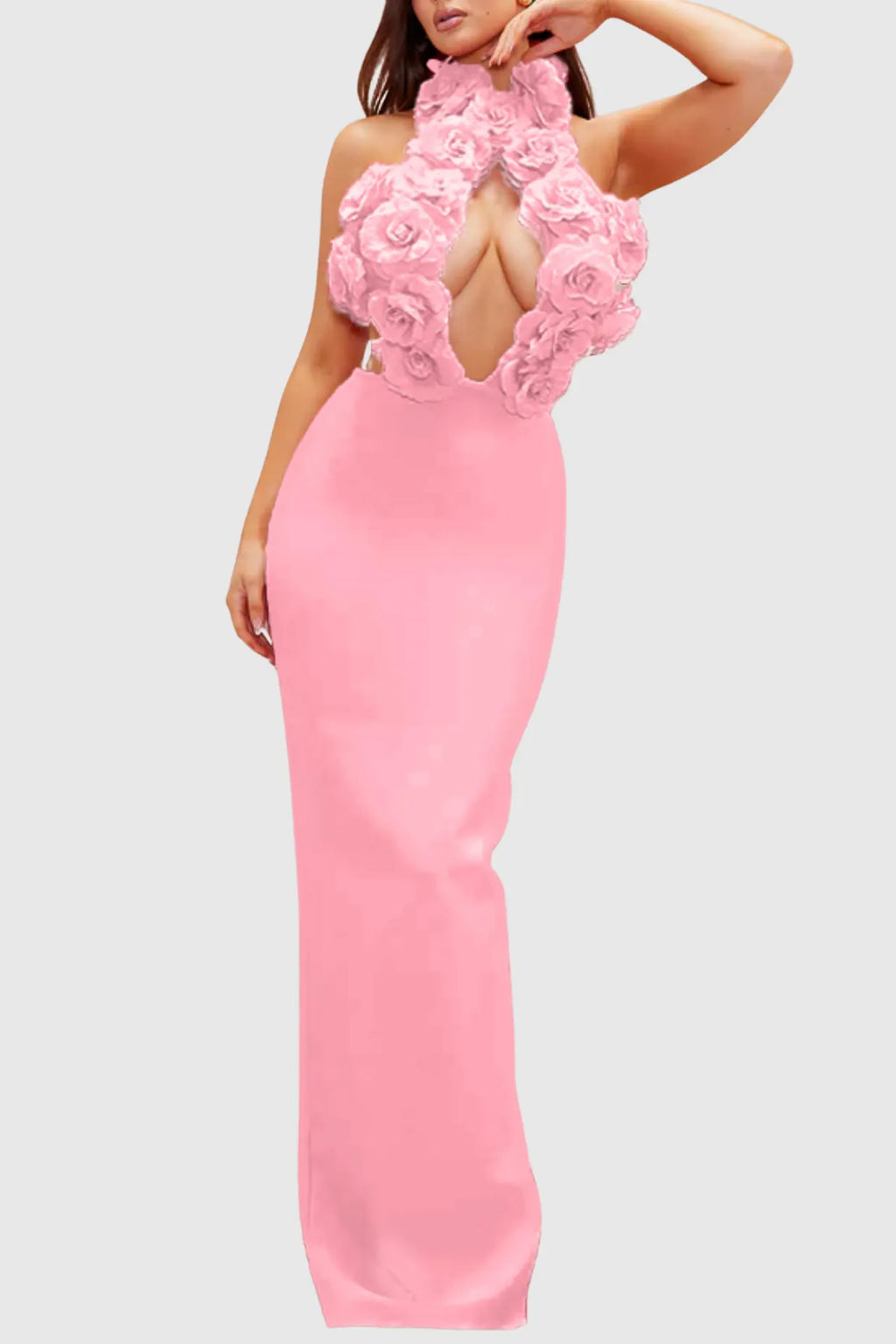 Datherine Floral Appliqué Halter Maxi Bandage Dress - Pink Flowering Girl