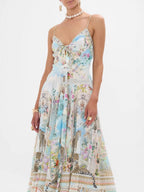 Retro Oil Painting Print Halter Maxi Dress Flowering Girl
