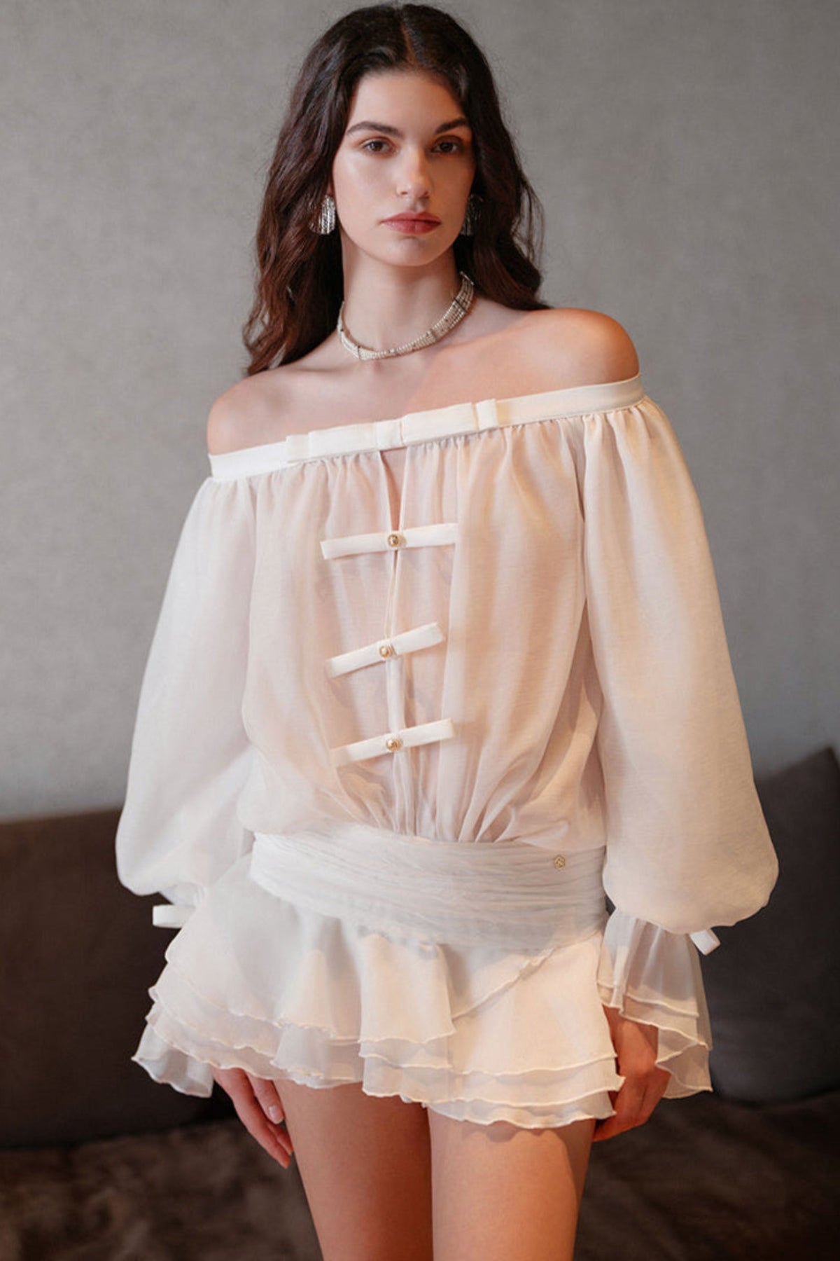Puff Sleeve Strapless Mini Dress In Pearl White Flowering Girl