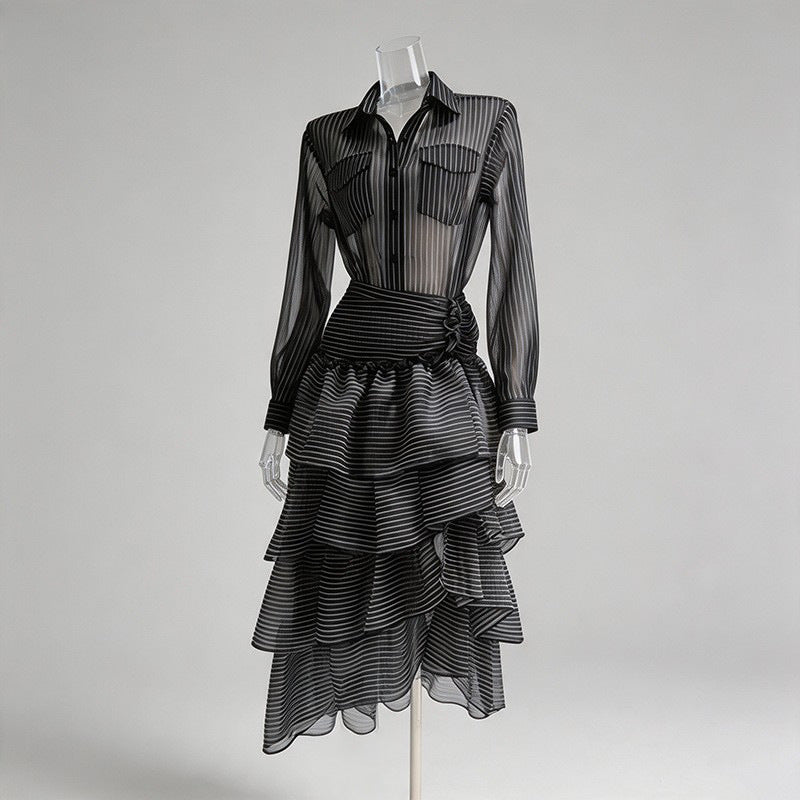 Black Sheer Organza Or Chiffon Fitted Shirt With High-Waisted Tiered Maxi Skirt Two-Piece Matching Set Flowering Girl