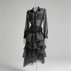 Black Sheer Organza Or Chiffon Fitted Shirt With High-Waisted Tiered Maxi Skirt Two-Piece Matching Set Flowering Girl