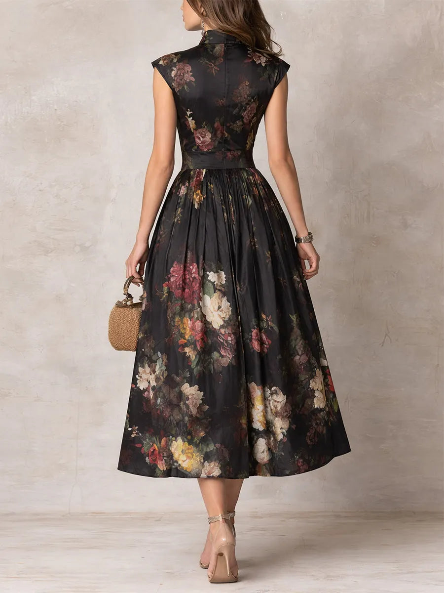 Black Keyhole Collar Floral Pleated Satin Midi Dress Flowering Girl