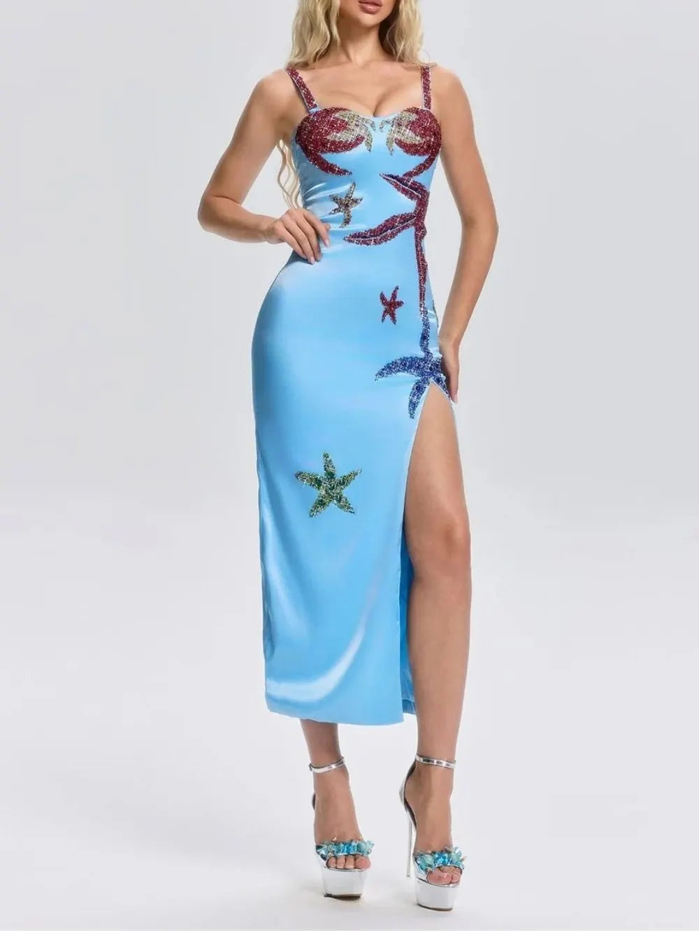 Grimricn Starfish Rhinestone Split Midi Dress Flowering Girl