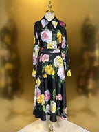 Black Floral Print Shirt & Midi Skirt Co-ord Set Flowering Girl