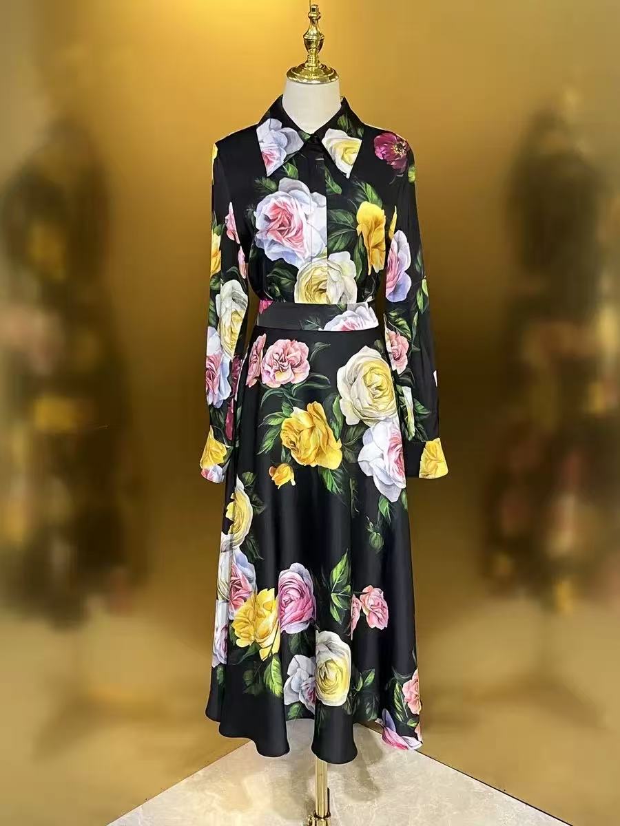 Black Floral Print Shirt & Midi Skirt Co-ord Set Flowering Girl