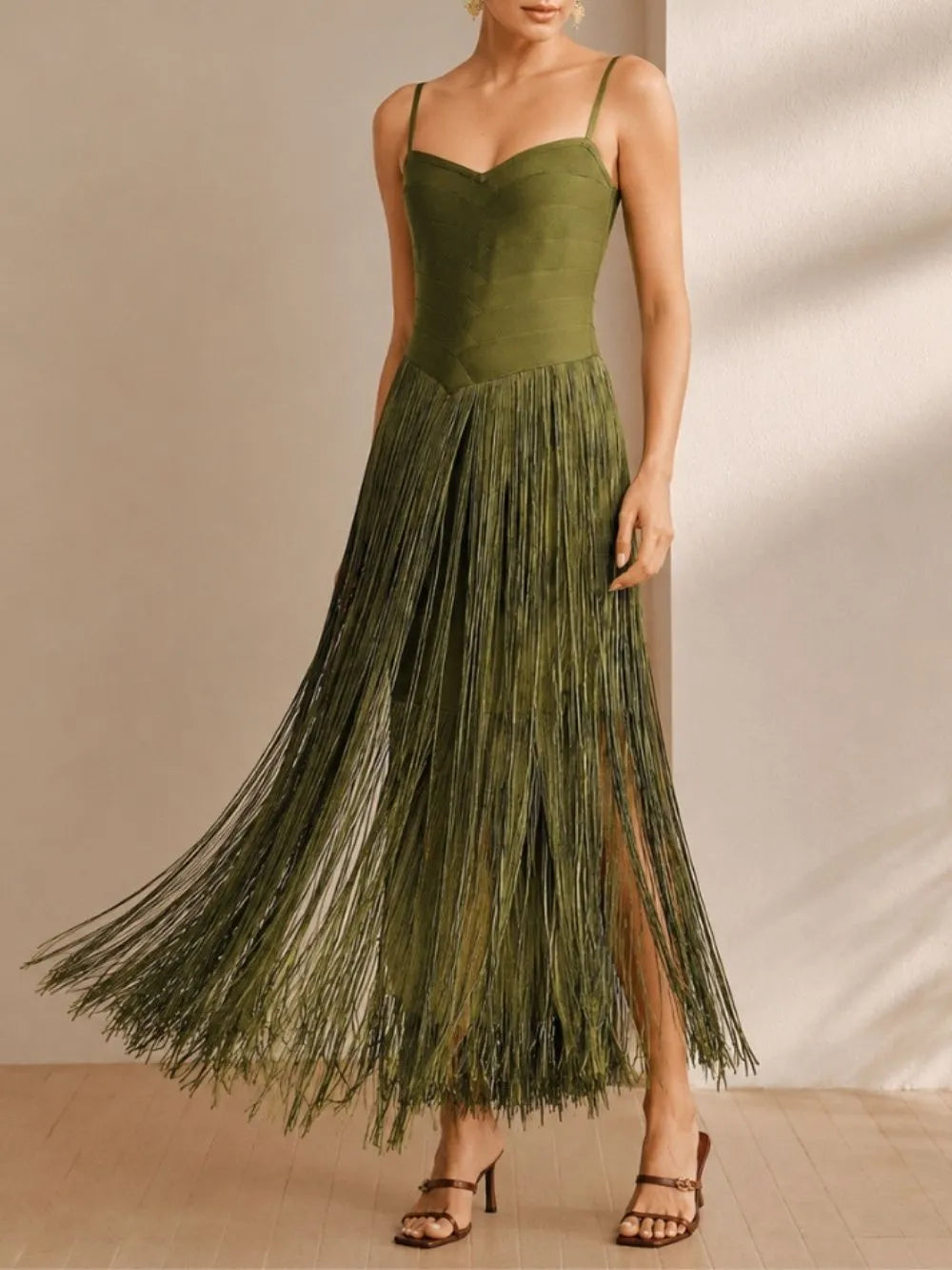 Manette Green Spaghetti Tassel Maxi Dress Flowering Girl