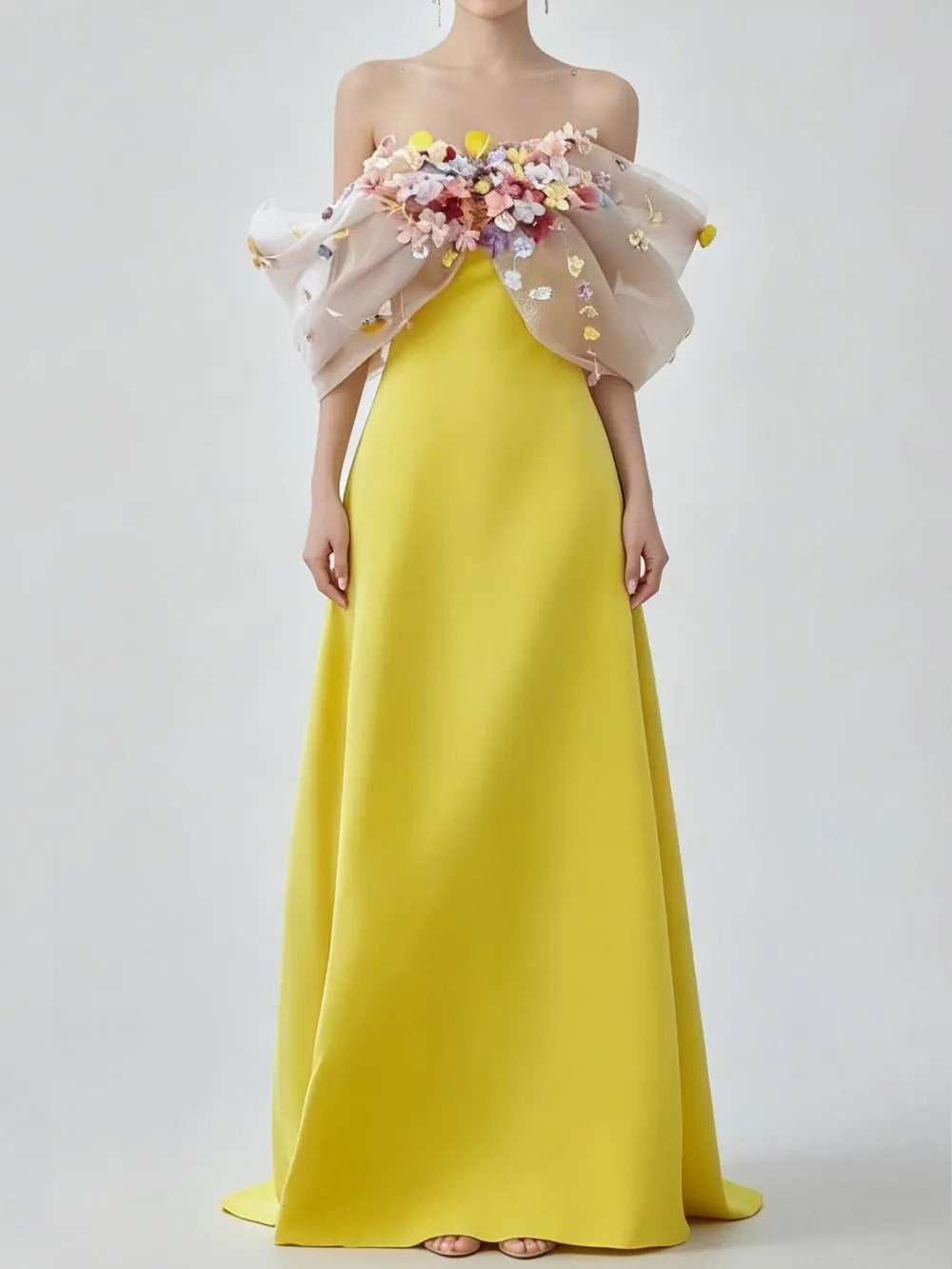 Bright Yellow Satin Strapless Maxi Gown With 3D Colorful Floral Tulle Bust Flowering Girl