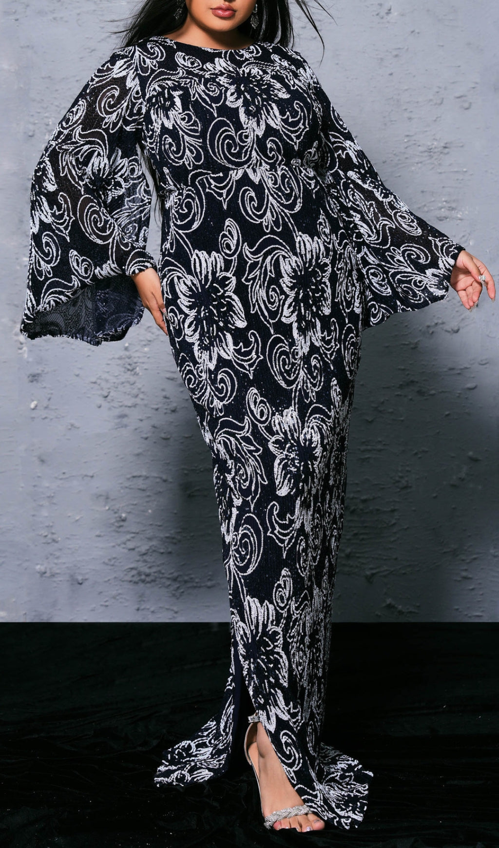 Bechan Black Flower Sequin Long Sleeve Maxi Dress Flowering Girl