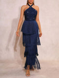 Merrit Blue Halter Diamante Tassel Maxi Dress Flowering Girl