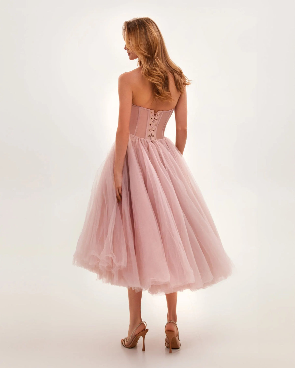 Misty Rose Strapless Puffy Midi Tulle Dress Flowering Girl