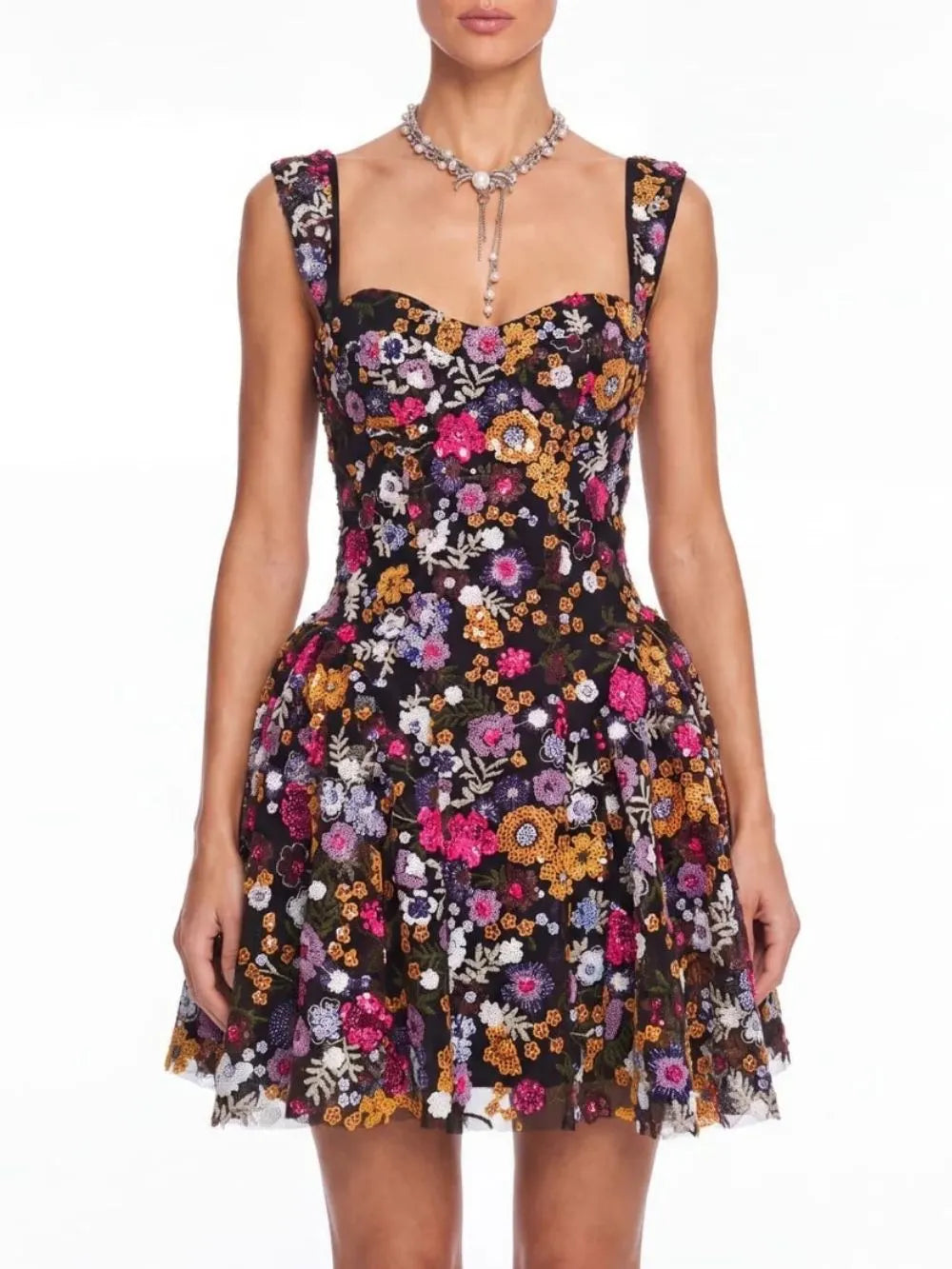 Galenx Embroidered Flower Sequin Mini Dress Flowering Girl