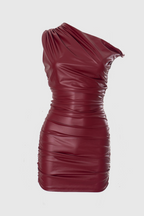 Kadwyn Ruched Asymmetric Faux Leather Mini Dress - Red Flowering Girl