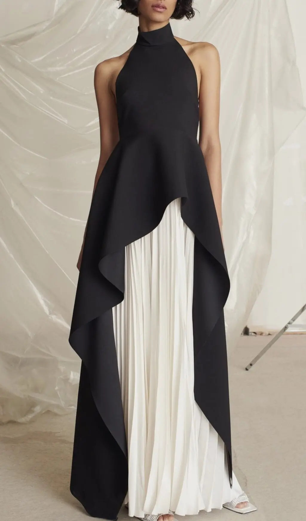 Bandage Halter Irregular Maxi Dress In Black And White Flowering Girl