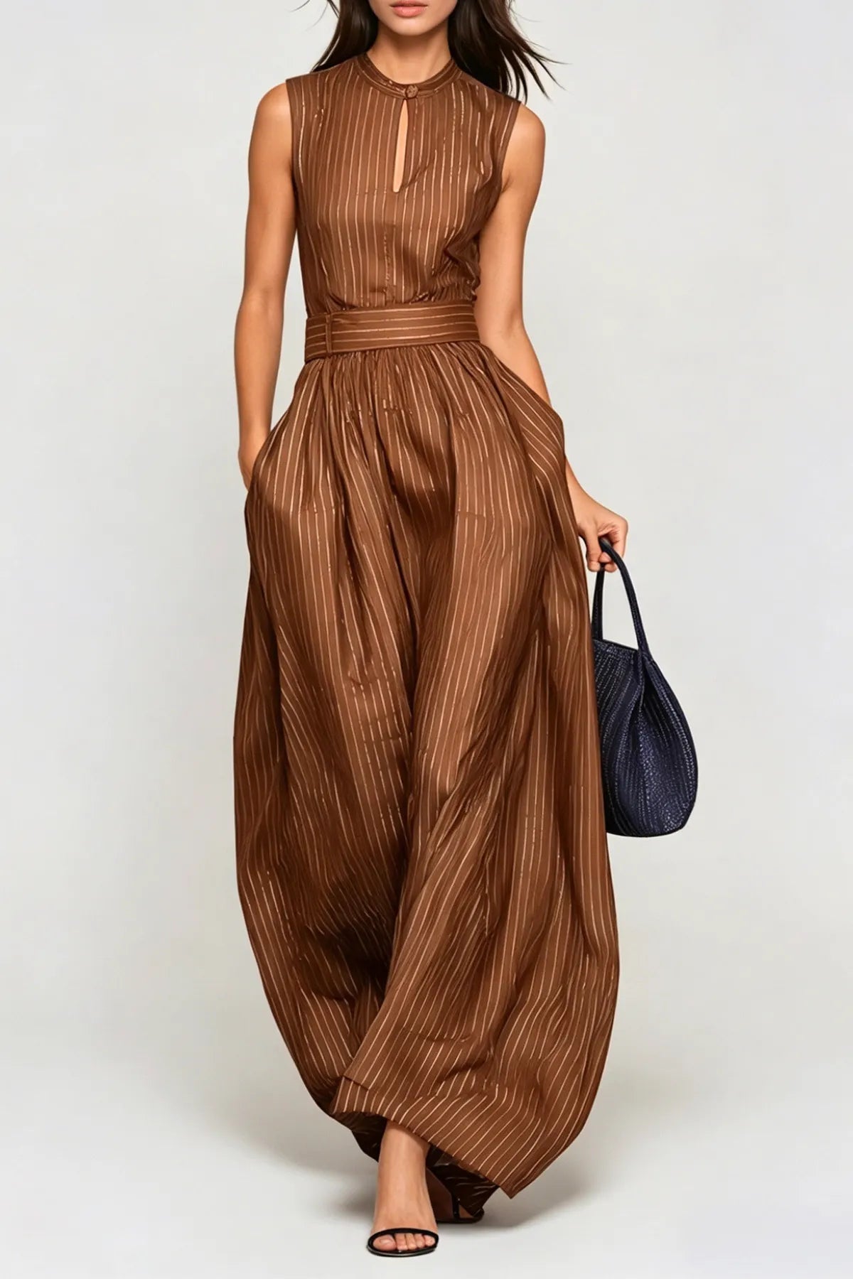 Eufemia Sleeveless Stripe Cutout Jumpsuit - Brown Flowering Girl