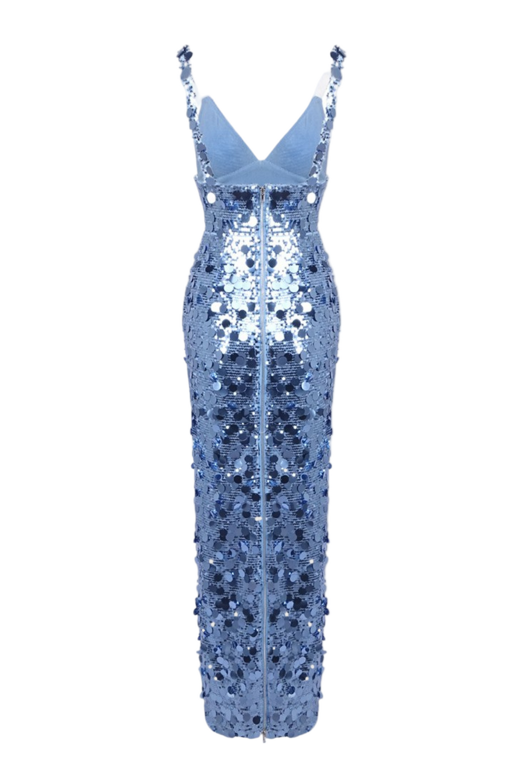 Roberta Deep V-Neck Sequin Column Gown In Blue Flowering Girl