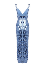 Roberta Deep V-Neck Sequin Column Gown In Blue Flowering Girl