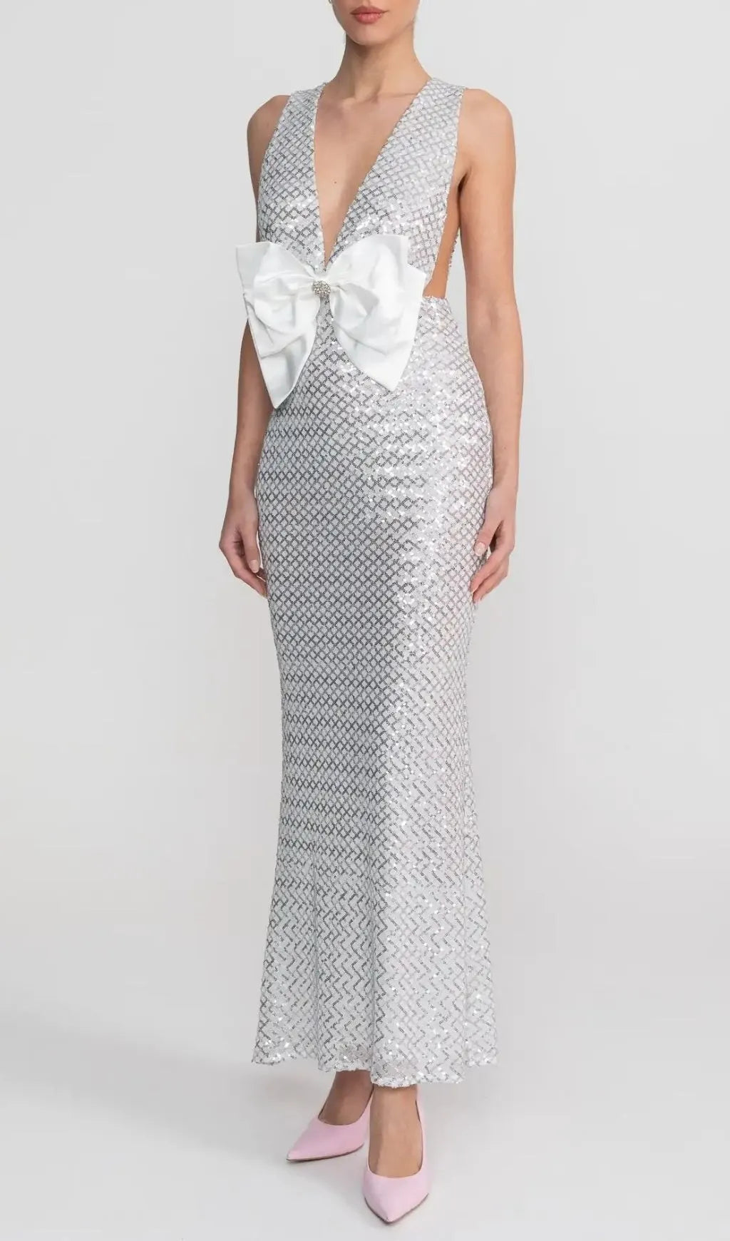 Sequin Maxi Dress With Satin Bow Detail - Light Grey Flowering Girl