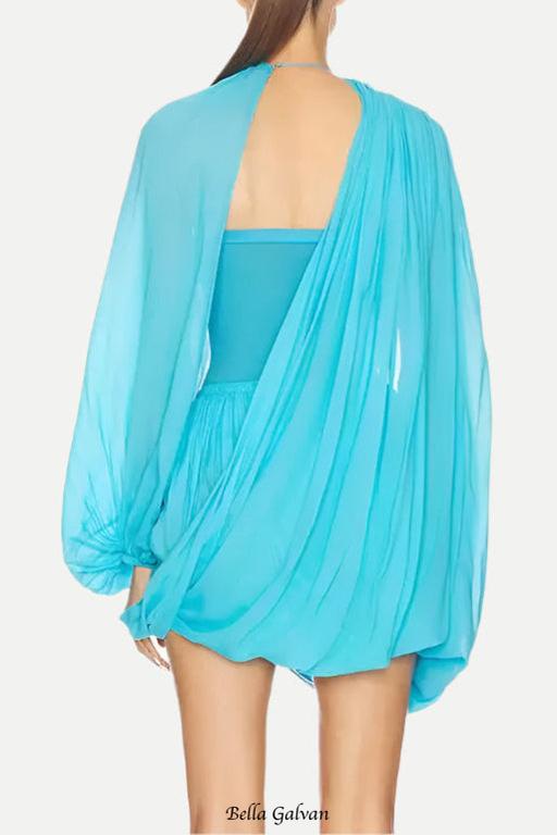 susanna Long Sleeve Fold Splice Mini Dress in blue Flowering Girl