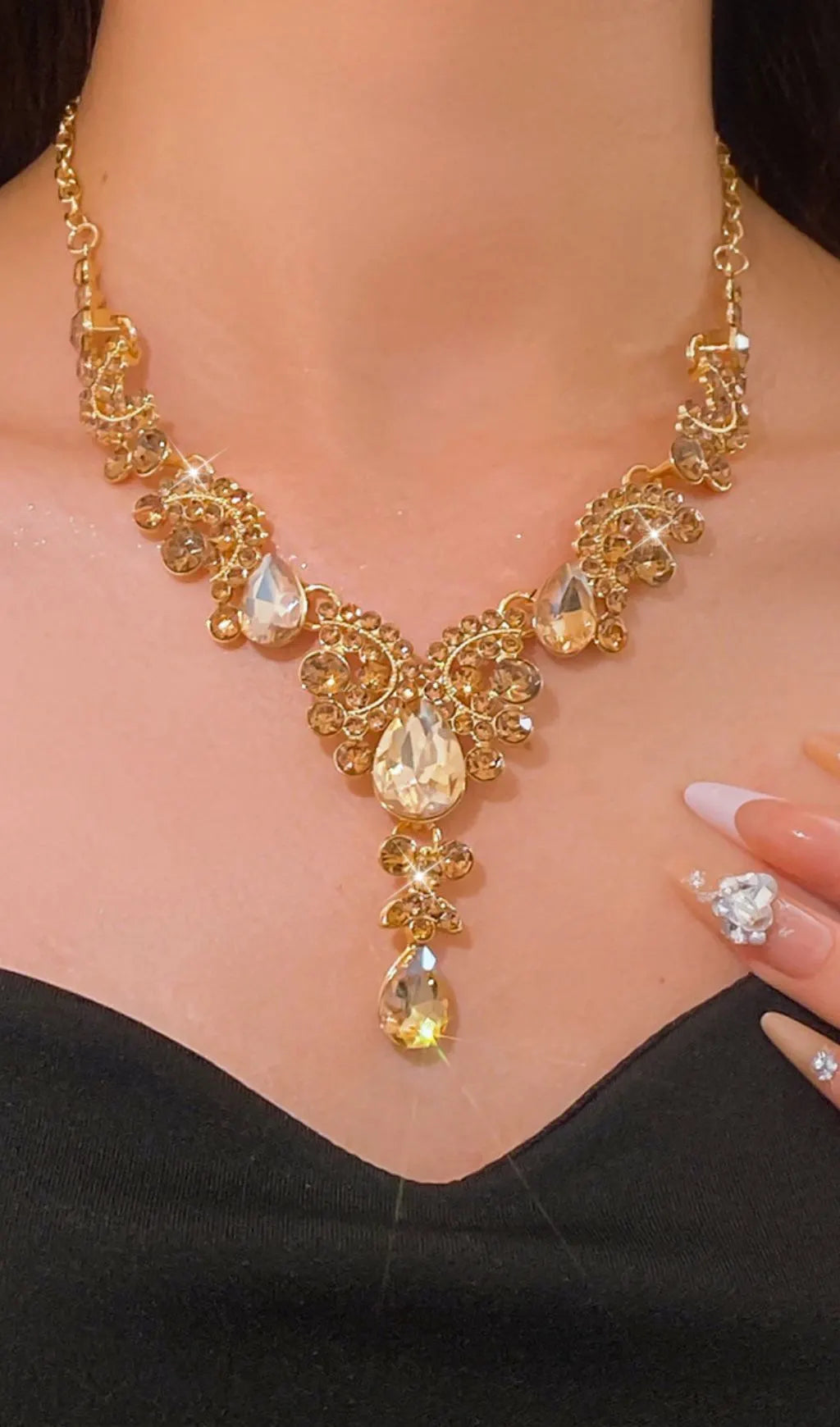 Kahlen Champagne Diamante Earrings & Necklace Flowering Girl