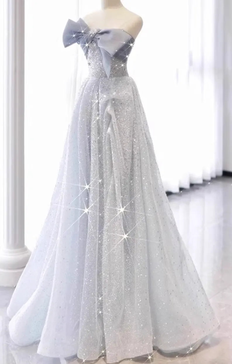 Silver-Blue Glitter Tulle A-Line Evening Gown Flowering Girl
