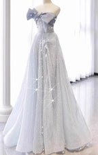 Silver-Blue Glitter Tulle A-Line Evening Gown Flowering Girl