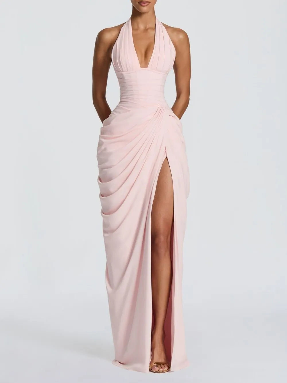 Maha Pink Halter Corset Ruched Maxi Dress Flowering Girl