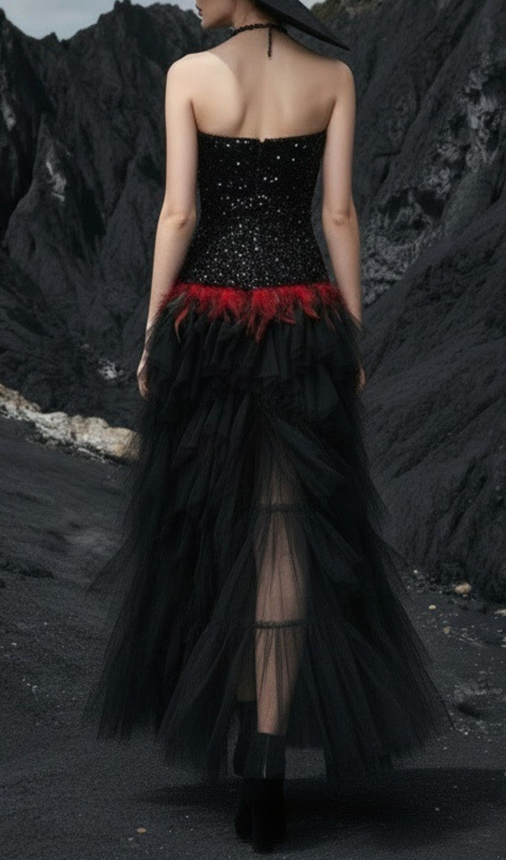 Jainna Black Strapless Sequin Mesh Maxi Dress Flowering Girl
