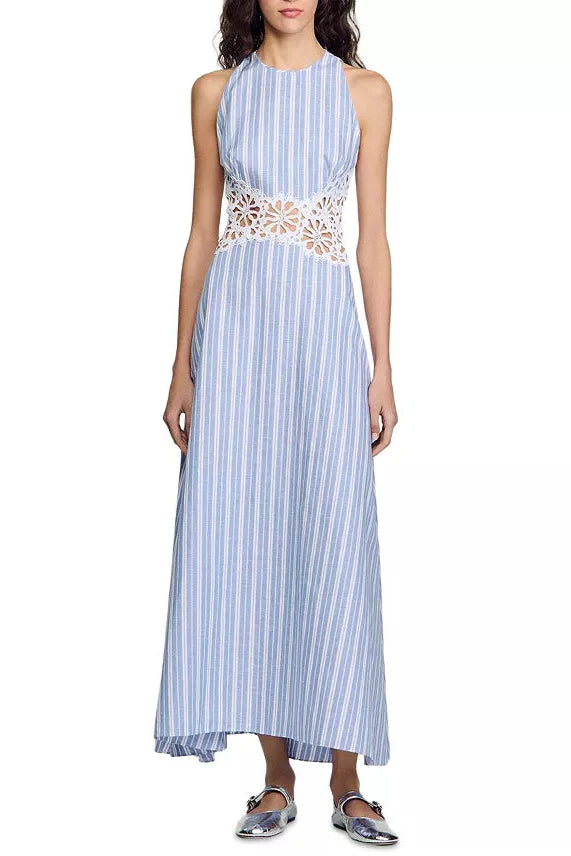 Hollow Lace Trim Maxi Dress In Blue Flowering Girl