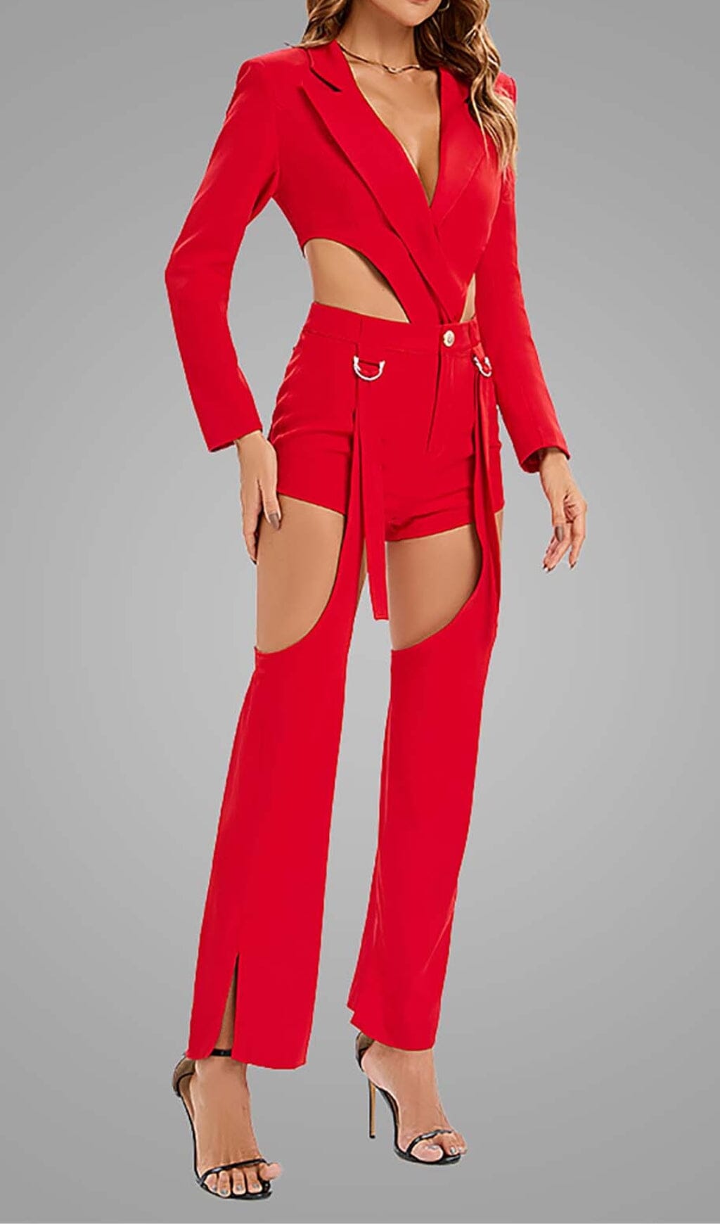 Cutout Backless Three Piece Set In Red Flowering Girl
