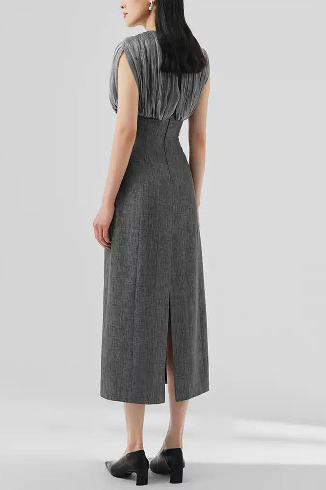 Mesh Stitching Sleeveless Midi Dress In Grey Flowering Girl