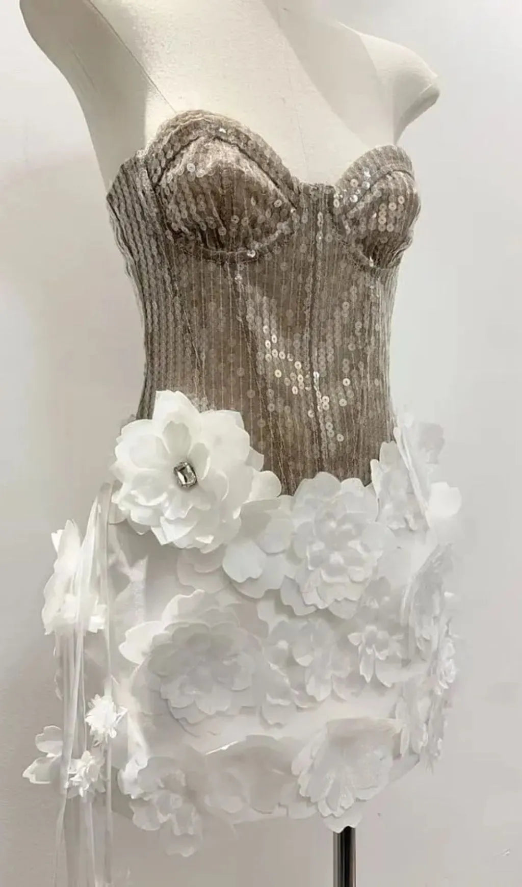 Kelly Sequin 3d Flower Patchwork Mini Dress - Champagne & White Flowering Girl