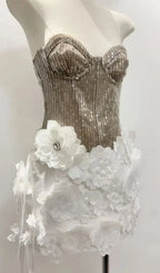 Kelly Sequin 3d Flower Patchwork Mini Dress - Champagne & White Flowering Girl
