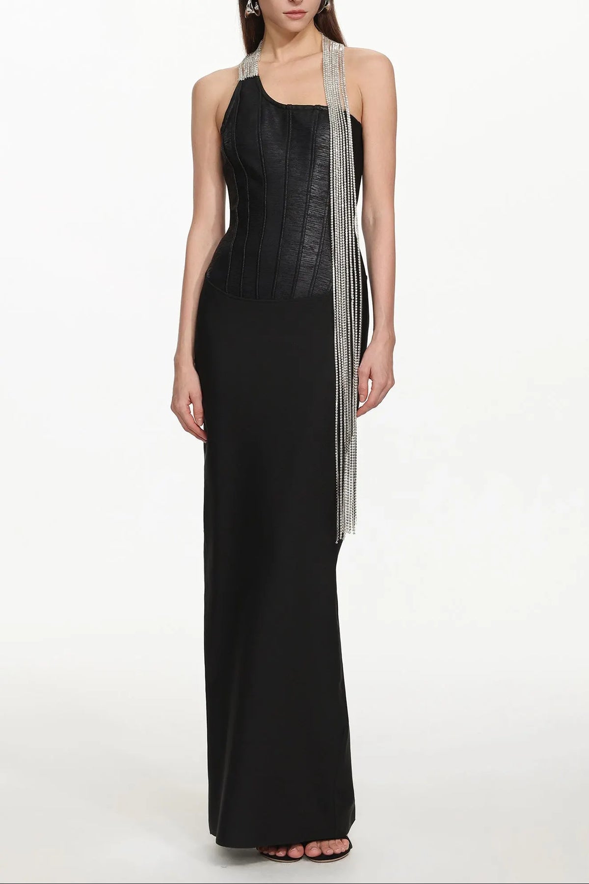 Fero One Shoulder Metal Fringe Bandage Maxi Dress Flowering Girl