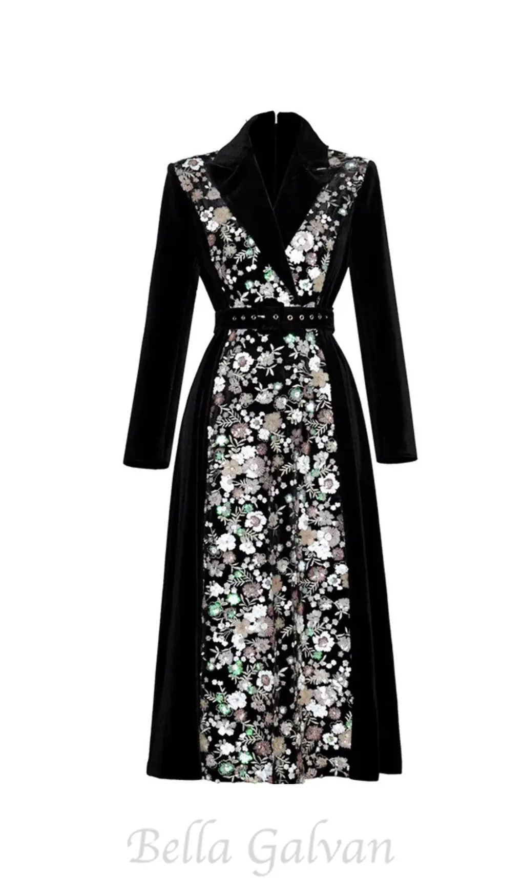 Sequin Embroidered Velvet midi Dress in black Flowering Girl