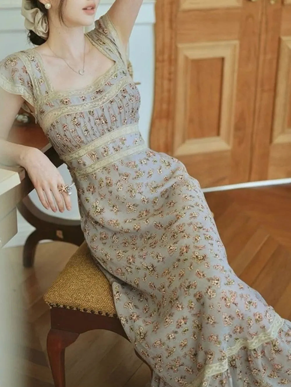 Micaela Blue Floral Lace Maxi Dress Flowering Girl