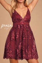 V Neck Tulle Lace Short Burgundy Prom Dresses Flowering Girl
