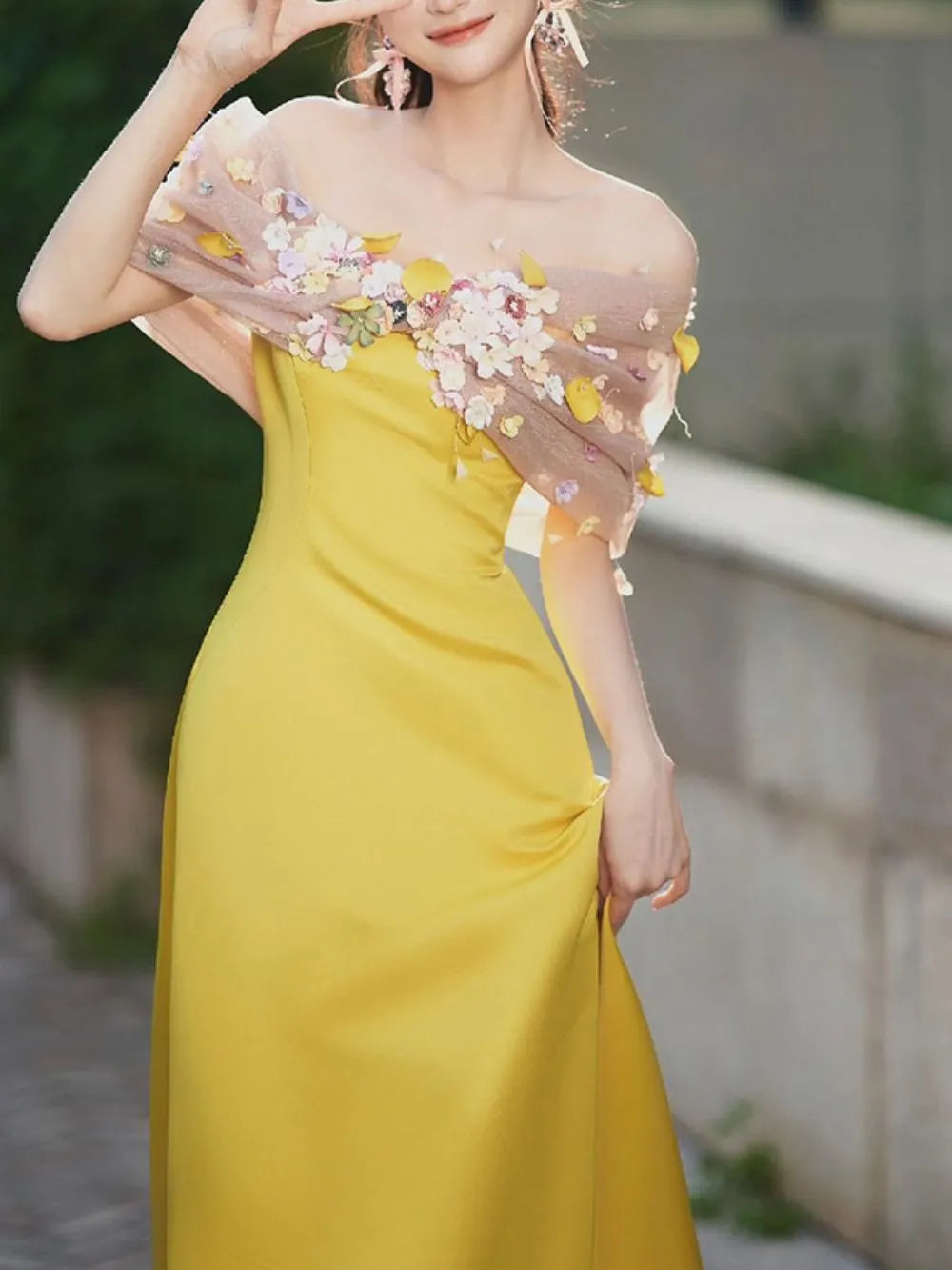 Bright Yellow Satin Strapless Maxi Gown With 3D Colorful Floral Tulle Bust Flowering Girl