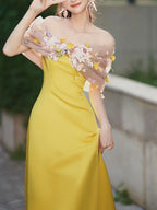 Bright Yellow Satin Strapless Maxi Gown With 3D Colorful Floral Tulle Bust Flowering Girl