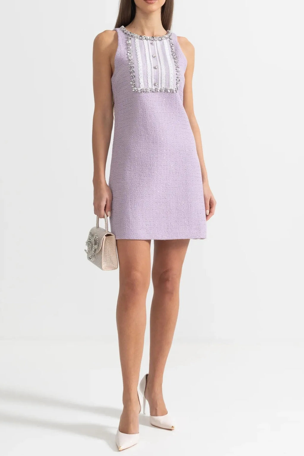 Sequin Lace Embellishments Textured Mini Dress In Purple Flowering Girl