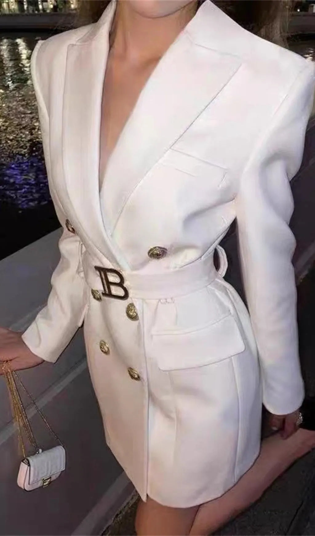 Aasia White Belt Metal Button Mini Dress