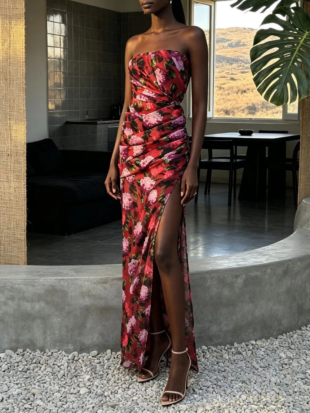 Marianne Strapless Floral Ruched Maxi Dress Flowering Girl