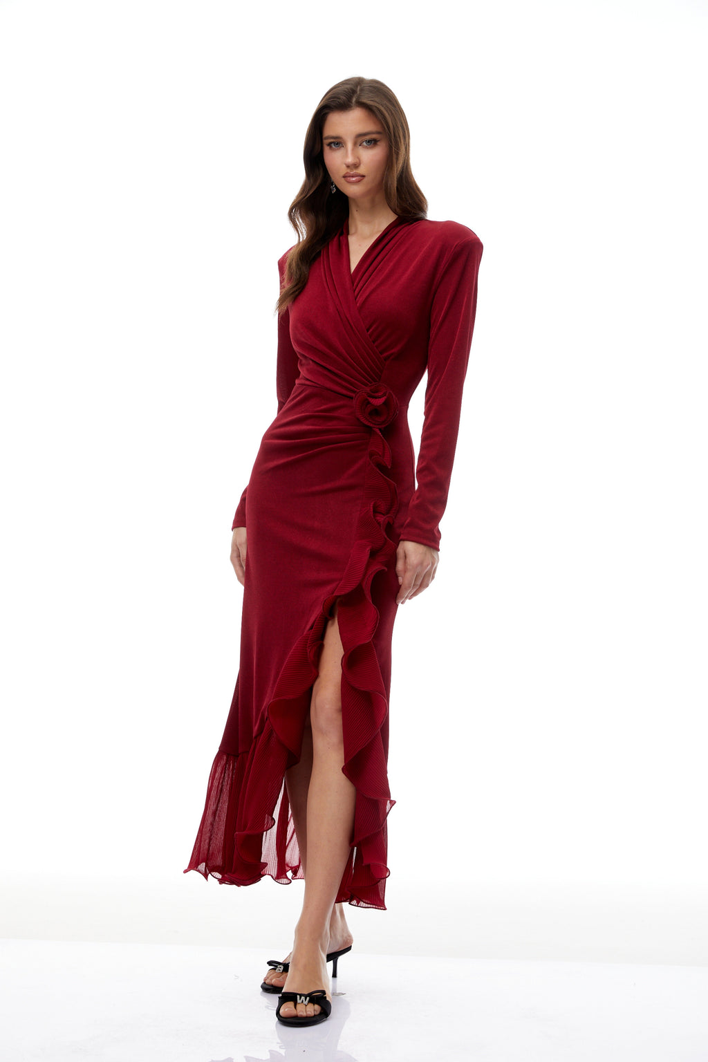 Joyce Red Ruffled Gathered High Slit Knit Midi Dress Flowering Girl