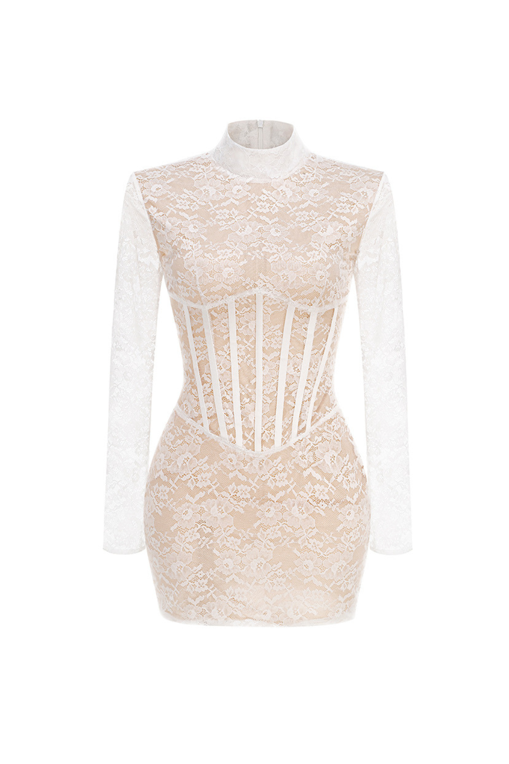 Lace Jacquard Fishbone Bodycon Mini Dress In White Flowering Girl