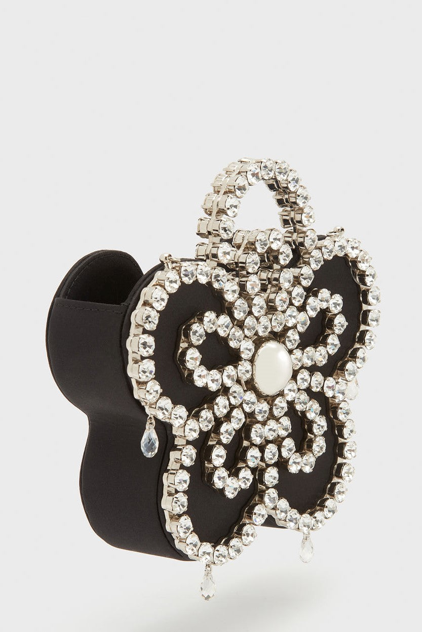 Elysa Flower Diamante Satin Clutch - Black Flowering Girl
