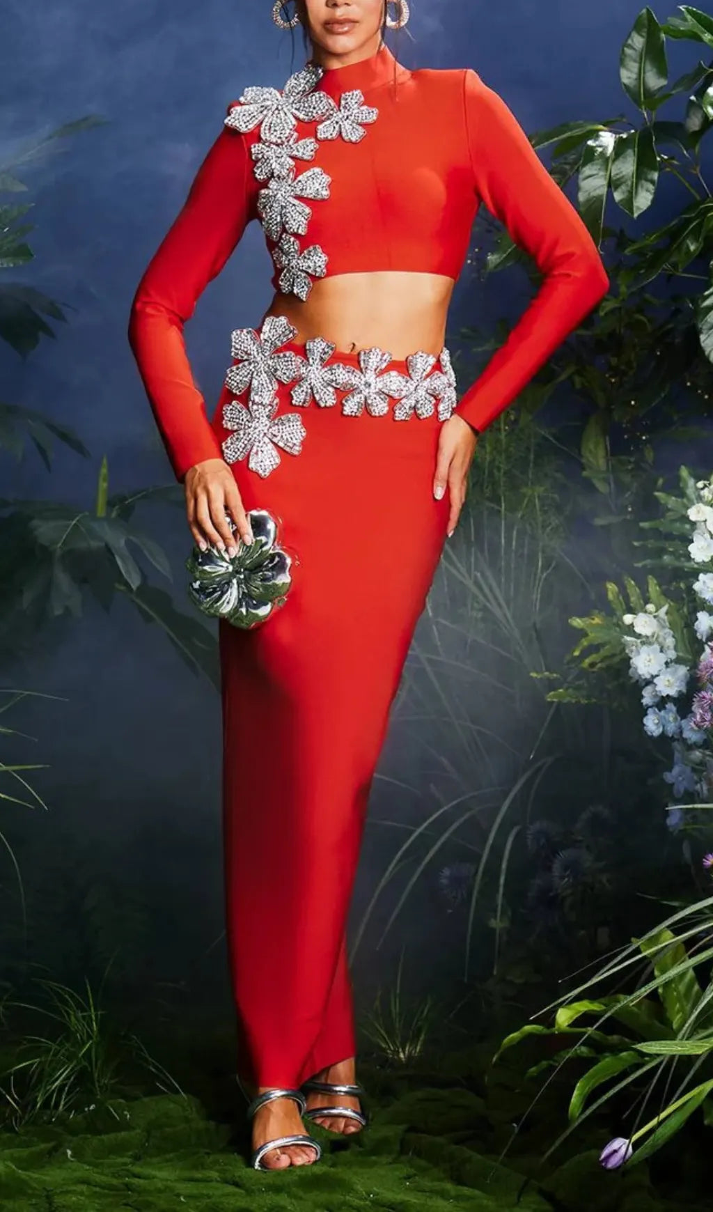 Almira Strapless Flower Bandage Skirt Set In Red Flowering Girl