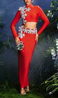 Almira Strapless Flower Bandage Skirt Set In Red Flowering Girl