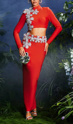 Almira Strapless Flower Bandage Skirt Set In Red Flowering Girl