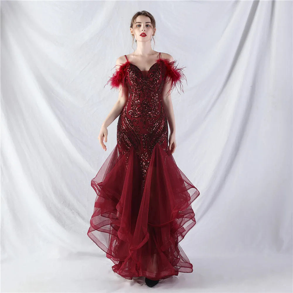 Feather Sequin Strapless Tulle Maxi Dress Flowering Girl
