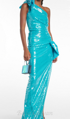 One Shoulder Bow Sequin Maxi Dress in blue Flowering Girl