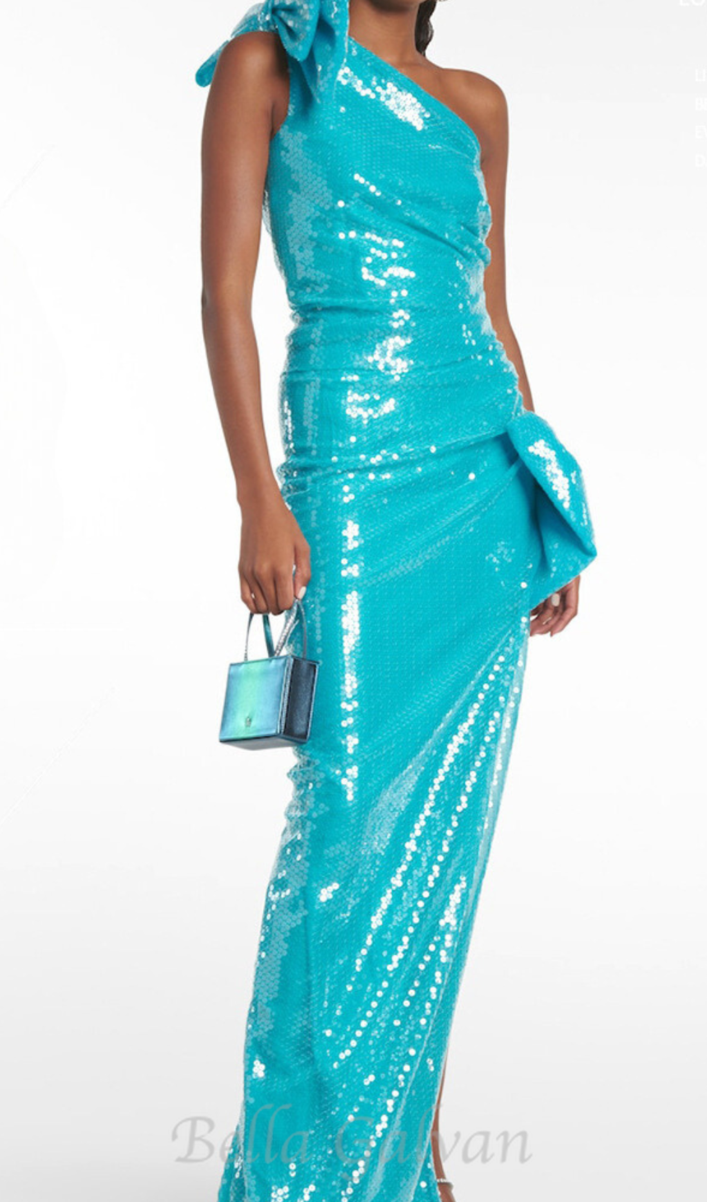 One Shoulder Bow Sequin Maxi Dress in blue Flowering Girl